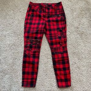 Black Heart Womens Super Skinny Pants Red Plaid Patch Stretch Pockets